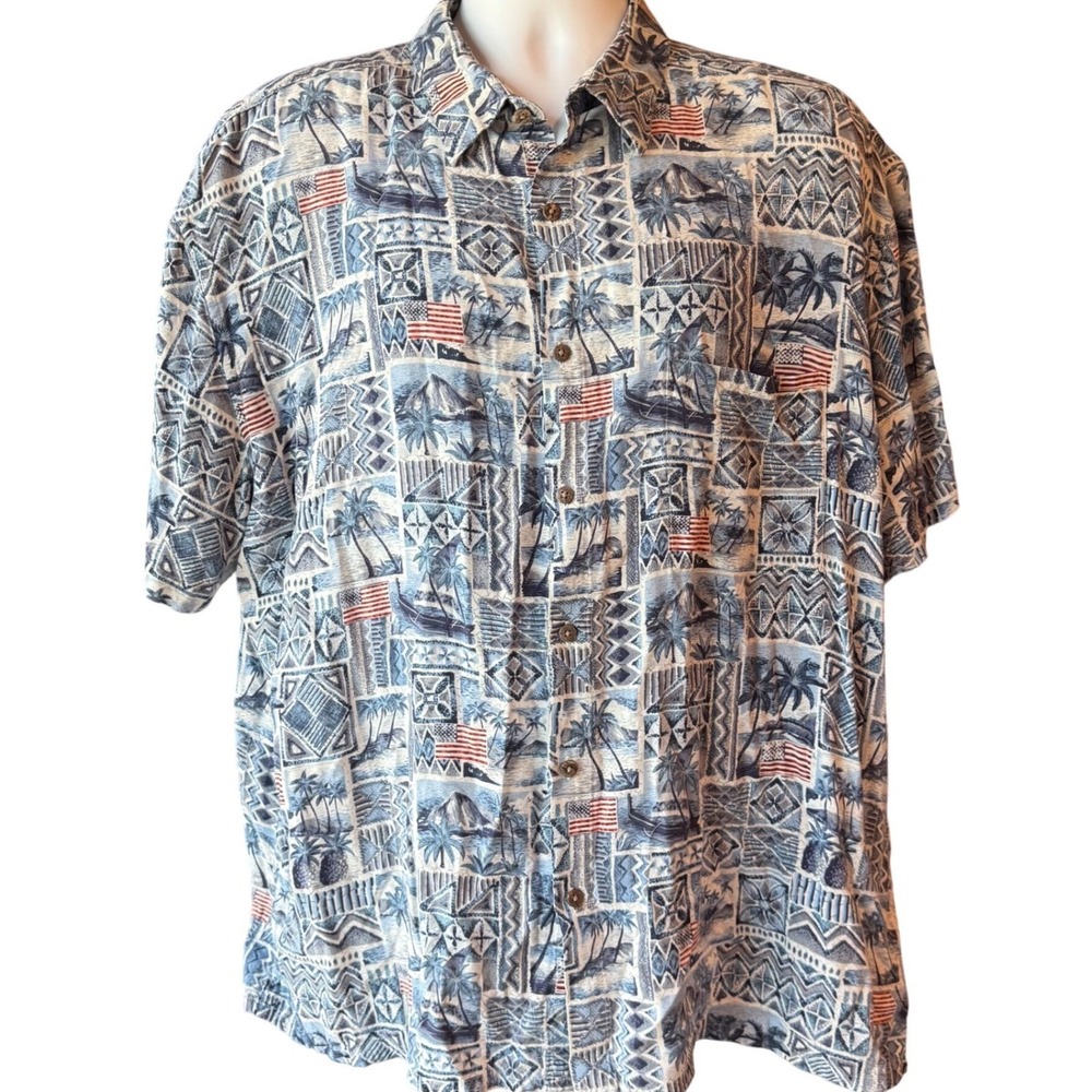 Island Shores Hawaiian Shirt Men's Size XXL Blue Tropical Patchwork Button Up